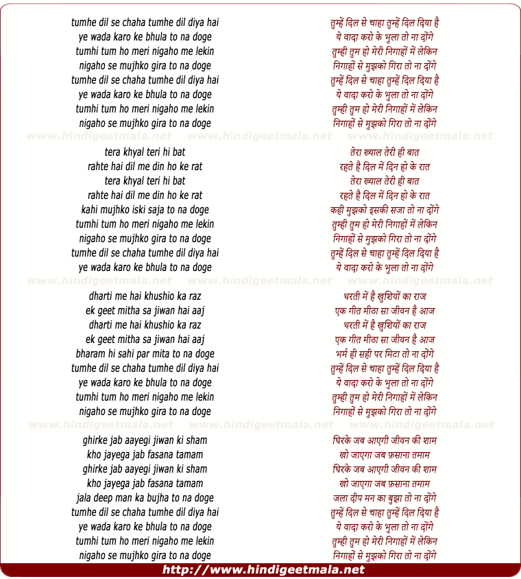 lyrics of song Tumhe Dil Se Chaha Tumhe Dil Diya Hai