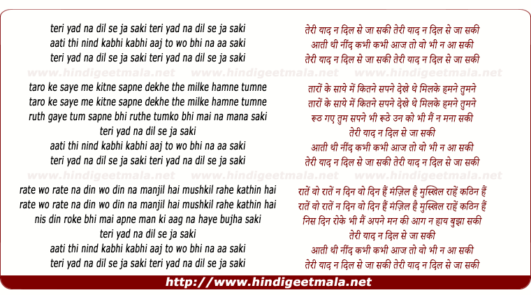 lyrics of song Teri Yaad Na Dil Se Ja Saki