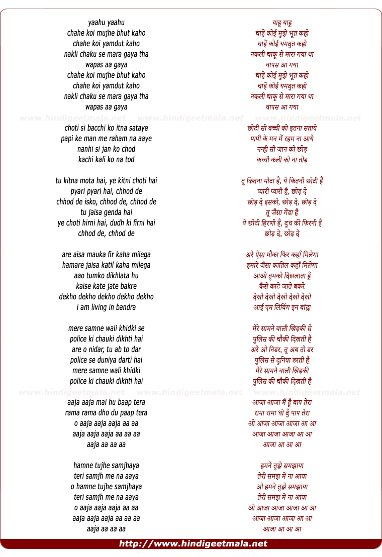 lyrics of song Chahe Koi Mujhe Bhut Kaho (Parody)