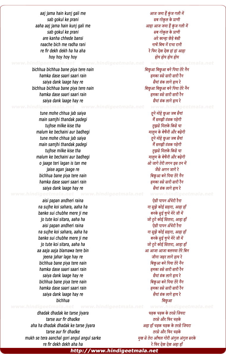 lyrics of song Aaj Jama Hai Kunj Gali Mein