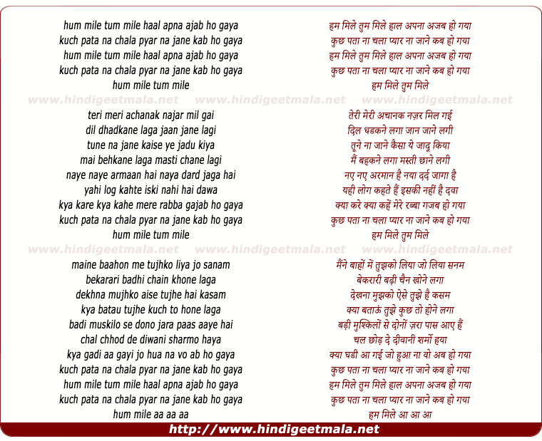 lyrics of song Hum Mile Tum Mile Haal Apna Ajab Ho Gaya