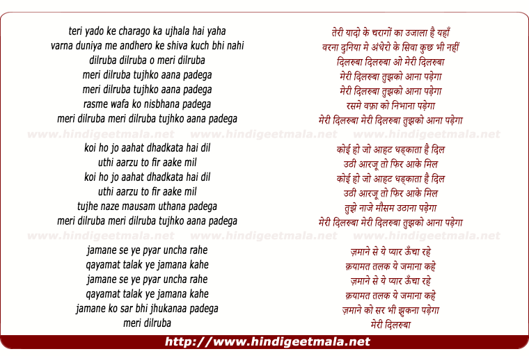 lyrics of song Meri Dilruba Tujhko Aana Padega