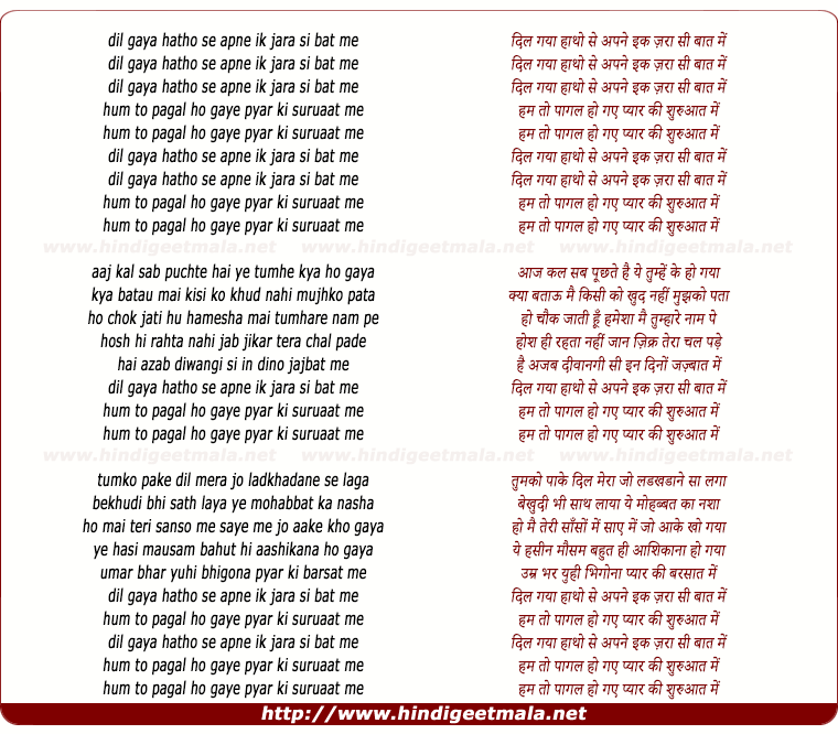 lyrics of song Dil Gaya Haatho Se Apne