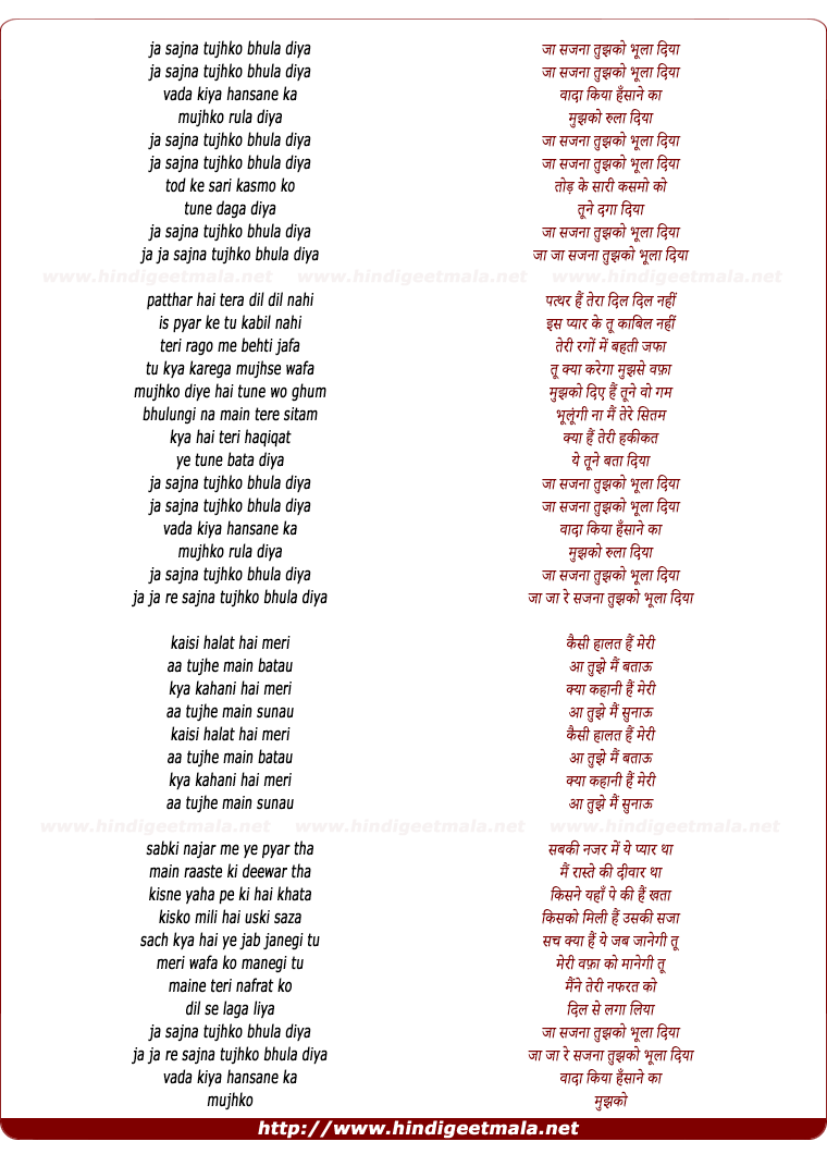 lyrics of song Ja Sajna Tujhko Bhula Diya (Sad)