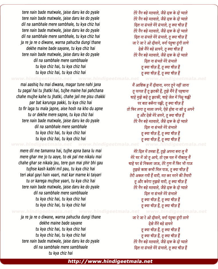 lyrics of song Tu Kya Cheez Hai, Tere Nain Bade Matwale
