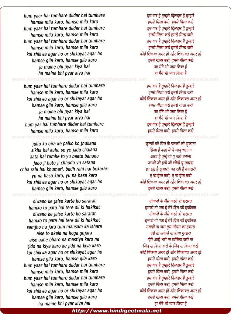 lyrics of song Hum Yaar Hai Tumhare Dildaar Hai
