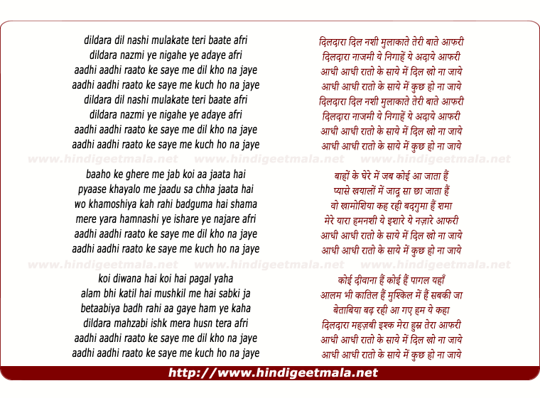 lyrics of song Dildara, Dil Nashi Afreen (Remix)