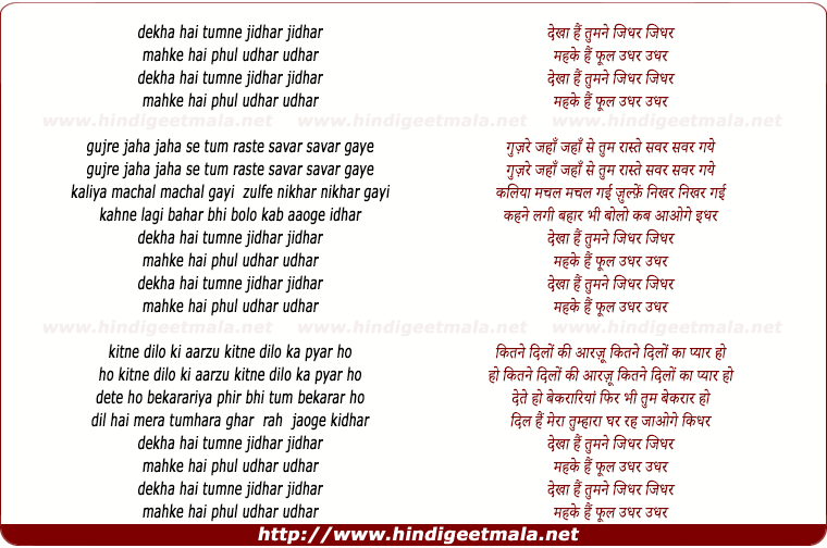 lyrics of song Dekha Hai Tumne Jidhar Jidhar