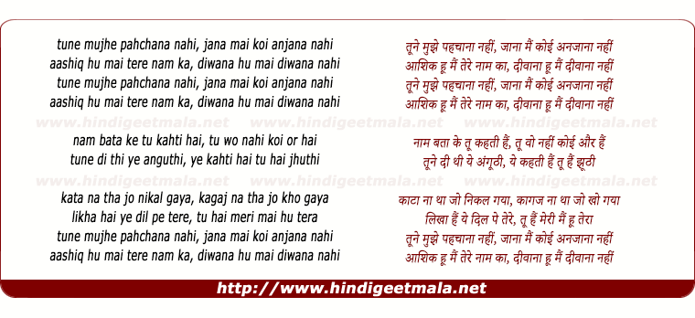 lyrics of song Tune Mujhe Pehchana Nahi