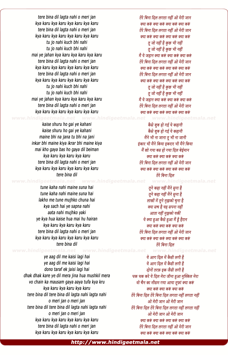 lyrics of song Tere Bina Dil Lagta Nahi