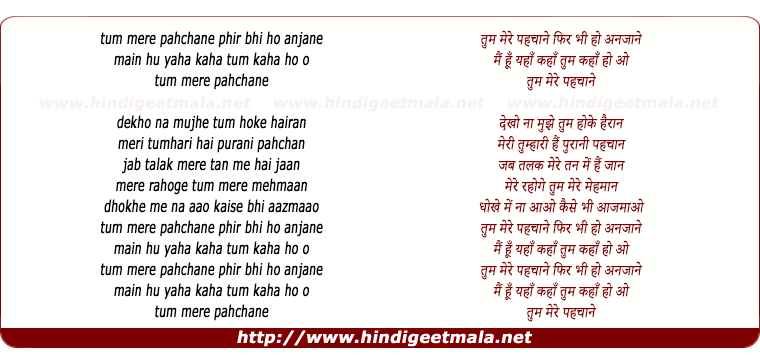 lyrics of song Tum Mere Pehchane Phir Bhi Ho Anjaane