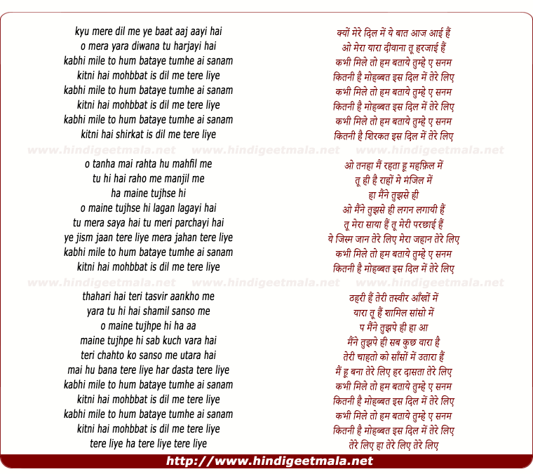 lyrics of song Kabhi Mile To Hum Bataye, Tere Liye (Remix)