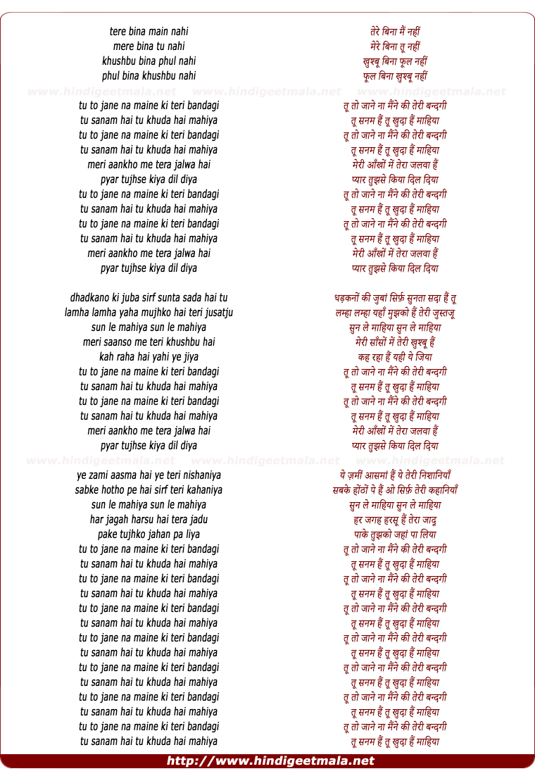 lyrics of song Tere Bina Mai Nahi (Mahiya)