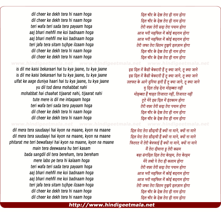 lyrics of song Dil Chir Ke Dekh