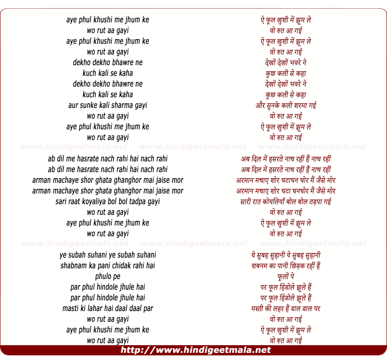 lyrics of song Ae Phool Khushi Me Jhum Ke Vo Rut Aa Gayi
