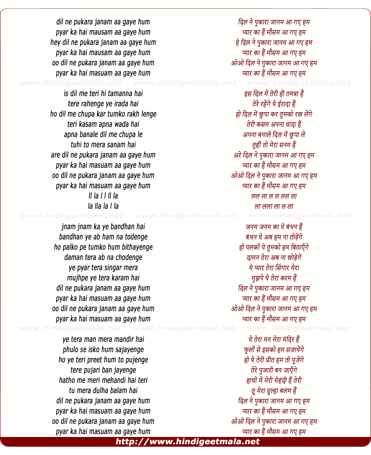 lyrics of song Dil Ne Pukara Janam Aa Gaye Hum