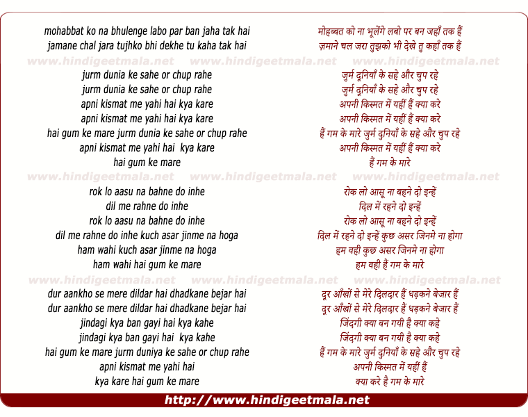 lyrics of song Mohabbat Ko Na Bhulenge
