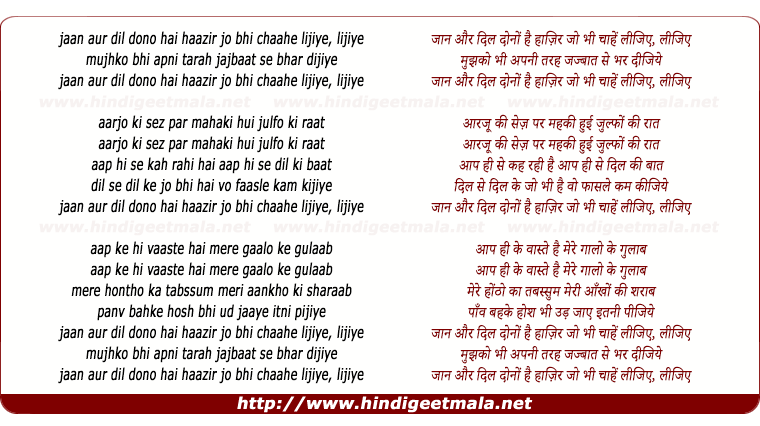 lyrics of song Jaan Aur Dil Dono Hai Haazir