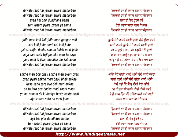 lyrics of song Dilwale Raat Hai Jawan