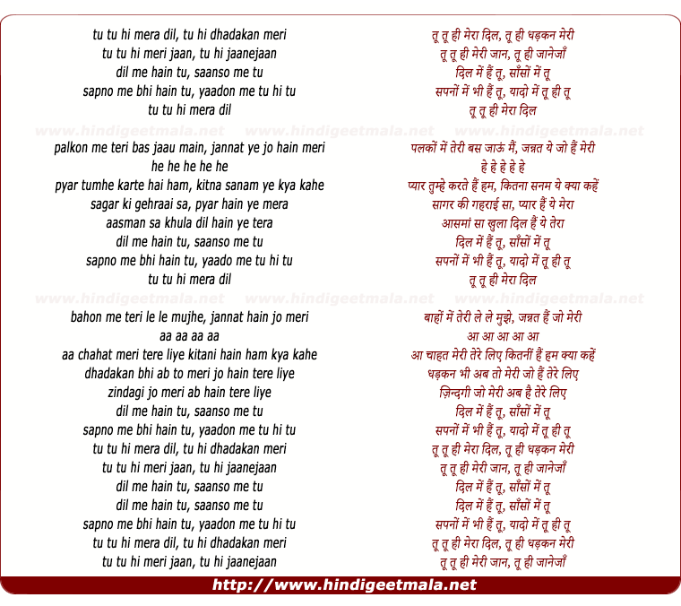 lyrics of song Tu Tu Hi Mera Dil