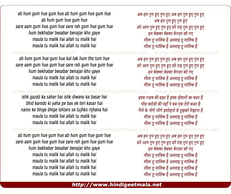 lyrics of song Ab Ham Ghum Huye (Maula Tu Malik Hai)