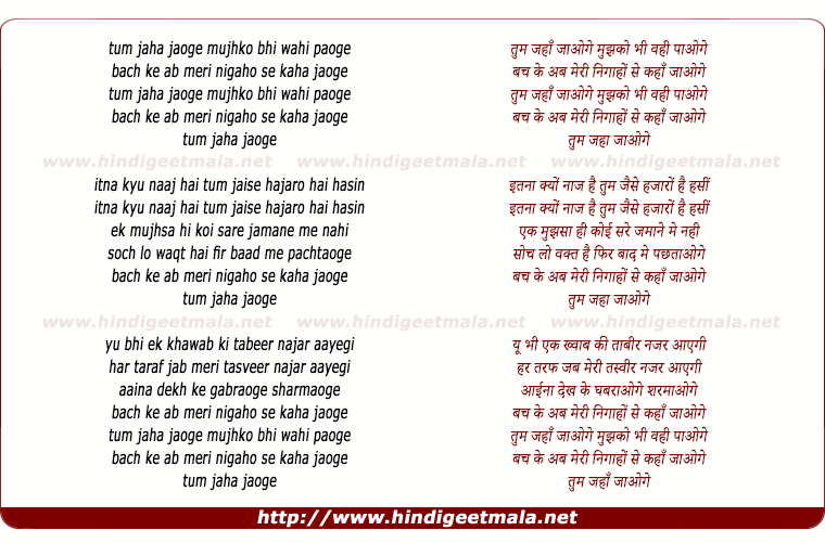 lyrics of song Tum Jaha Jaoge Mujhko Bhi Vahi Paoge