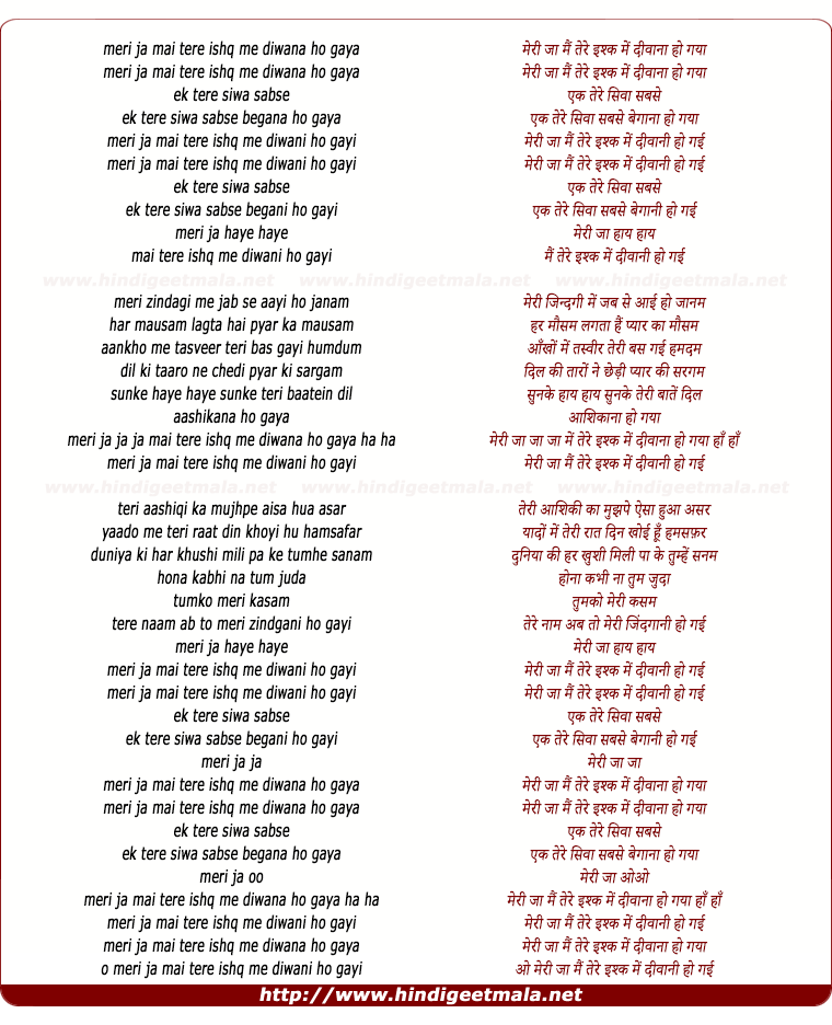 lyrics of song Meri Jaan Mai Tere Ishq Me