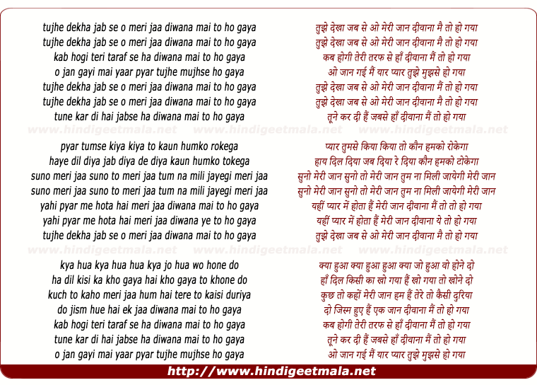 lyrics of song Tujhe Dekha Jab Se Jaan Diwana Mai To Ho Gaya
