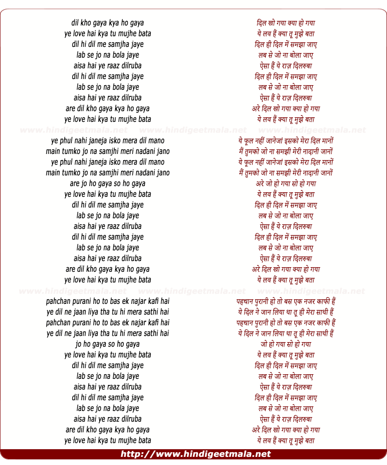 lyrics of song Dil Kho Gaya Kya Ho Gaya