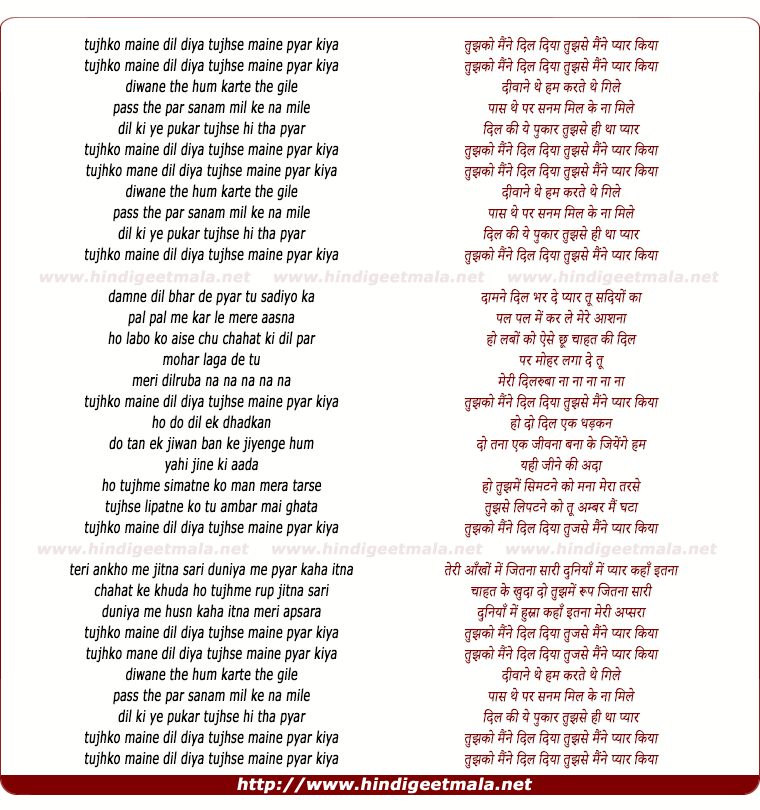 lyrics of song Tujhko Maine Dil Diya Tujhse Maine Pyar Kiya