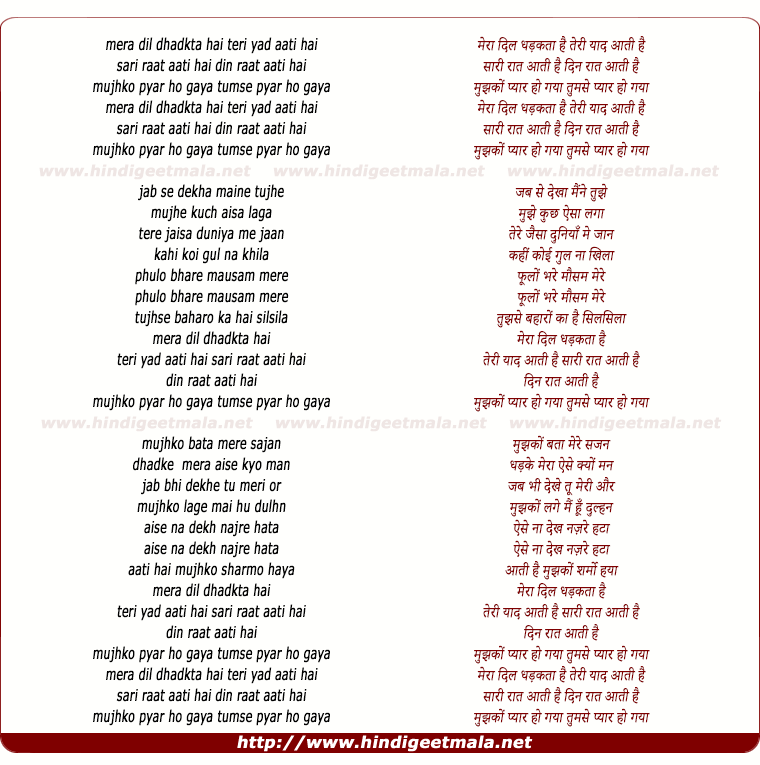 lyrics of song Mera Dil Dhadakta Hai