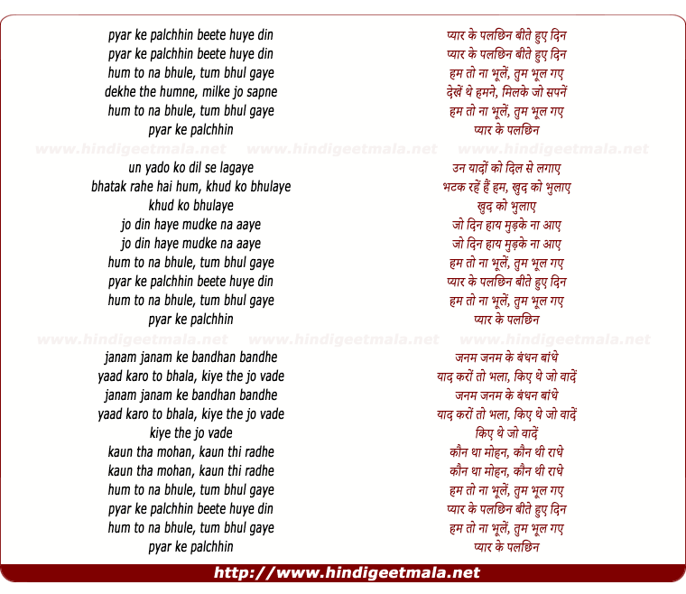 lyrics of song Pyar Ke Pal Chin Bite Hue Din Ham To Na Bhoole (Male))