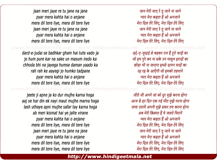 lyrics of song Meraa Dil Tere Liye