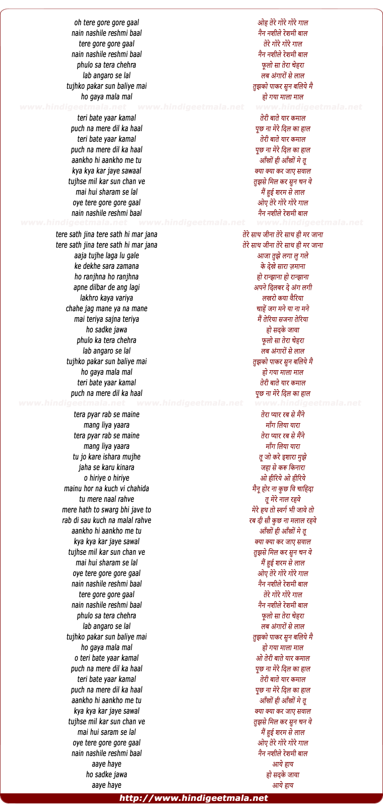 lyrics of song Tere Gore Gore Gaal Nain Nashile Reshmi Baal