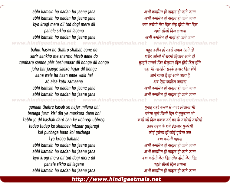 lyrics of song Abhi Kamsin Ho