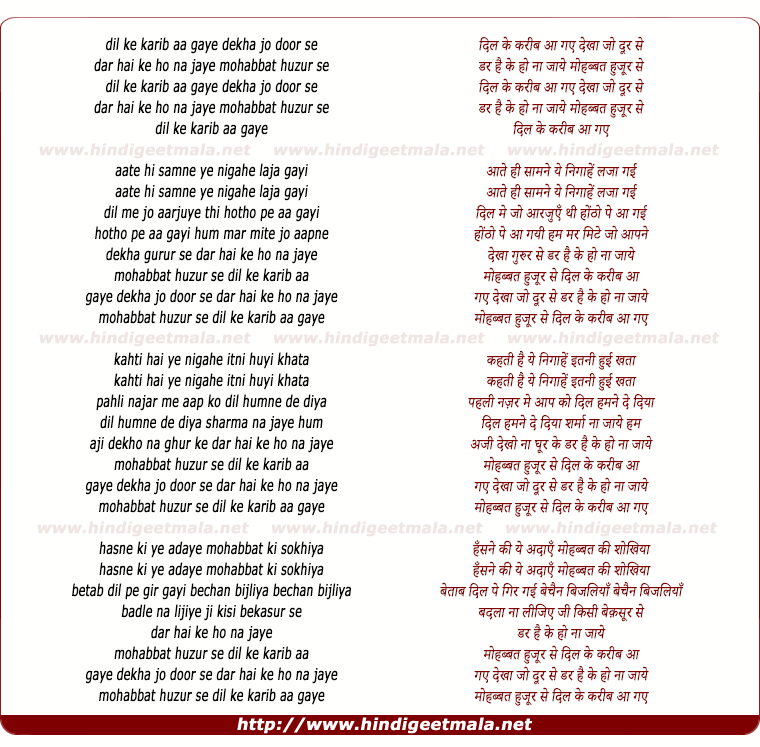 lyrics of song Dil Ke Karib Aa Gaye Dekha Jo Door Se