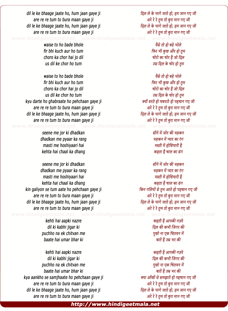 lyrics of song Dil Le Ke Bhage Jaate Ho