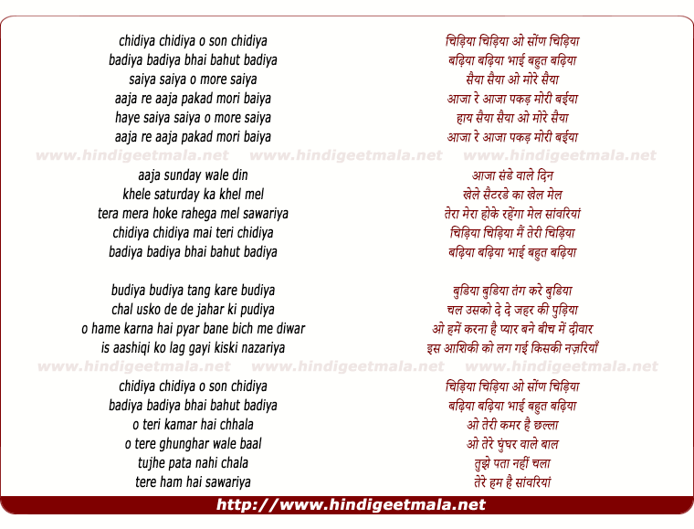 lyrics of song Chidiya Chidiya O Son Chidiya