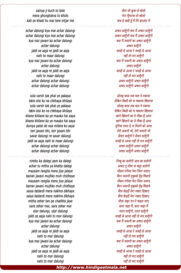 lyrics of song Jawani Ka Aachar Dalungi