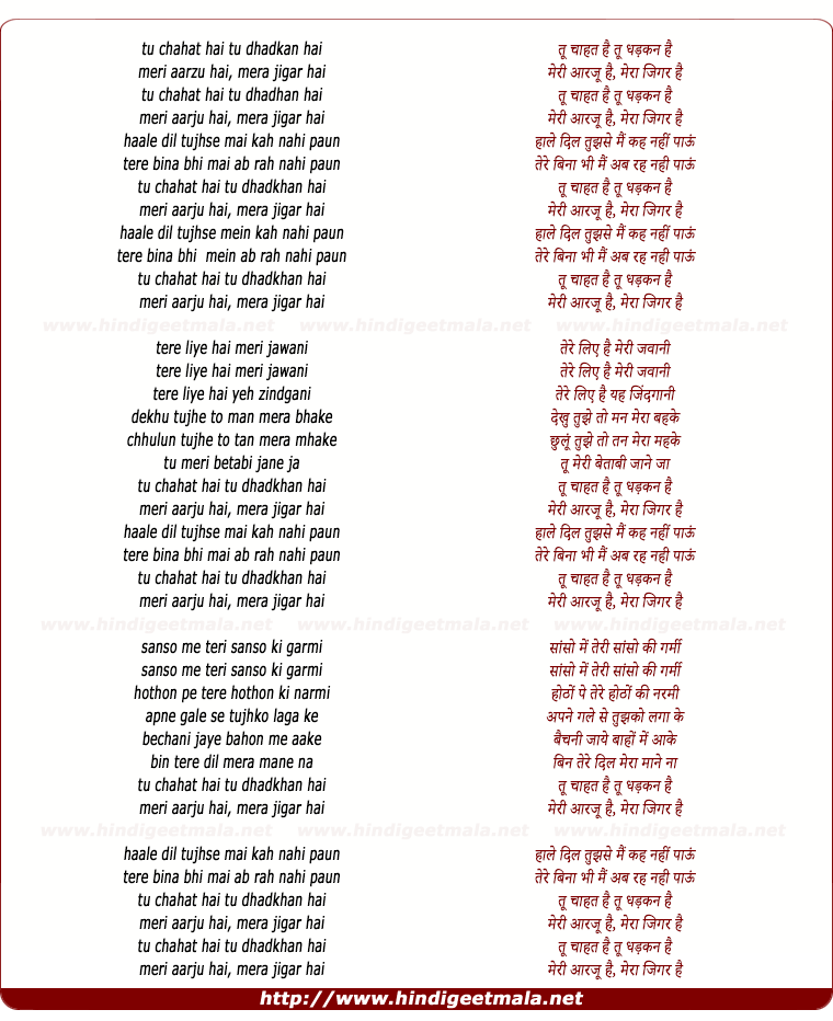 lyrics of song Tu Chahat Hai Tu Dhadkhan Hai