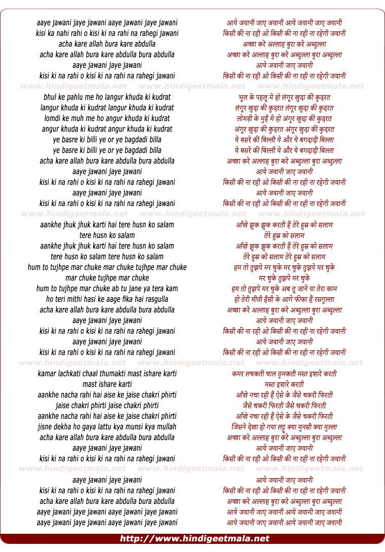 lyrics of song Aaye Jawani Jaye Jawani