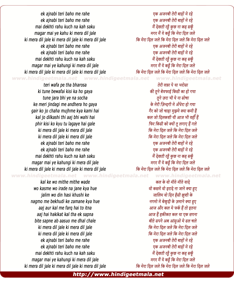 lyrics of song Ek Ajnabi Teri Baho Me Rahe