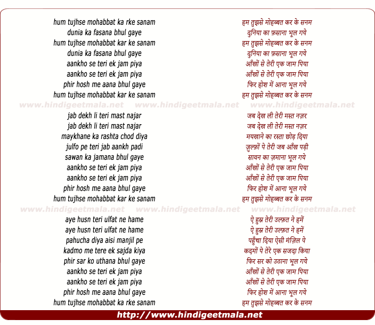 lyrics of song Hum Tujhse Mohabbat Karke Sanam
