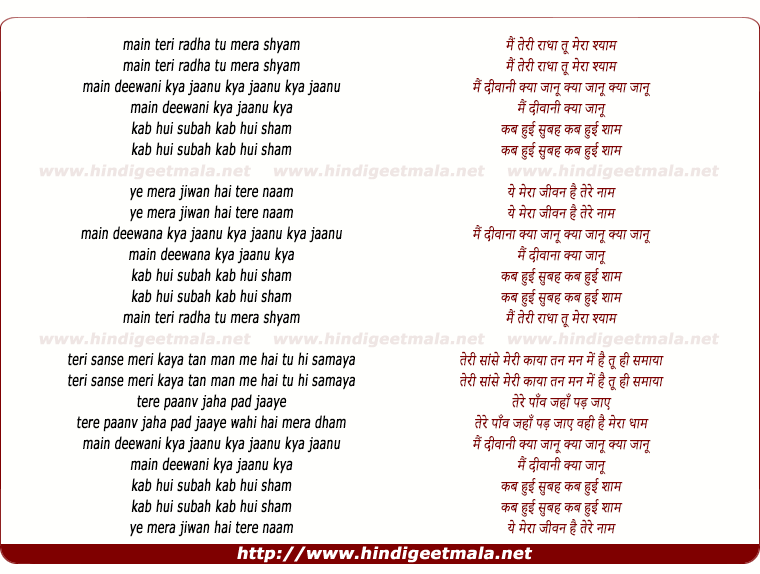 lyrics of song Mai Tere Radha Tu Mera Shyam