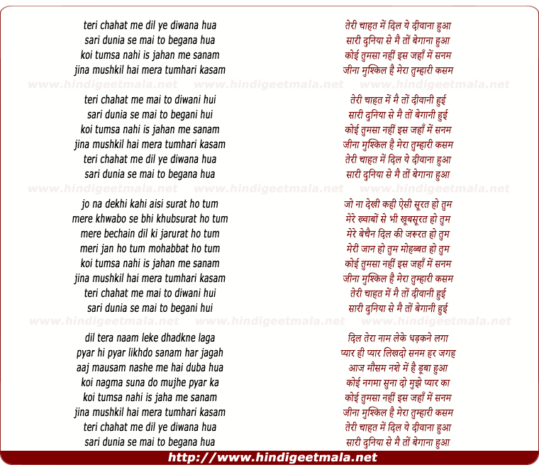 lyrics of song Teri Chahat Me Dil Deewana Hua