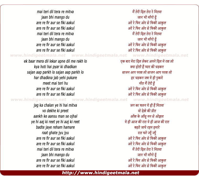 lyrics of song Mai Teri Dil Tera Re Mitwa