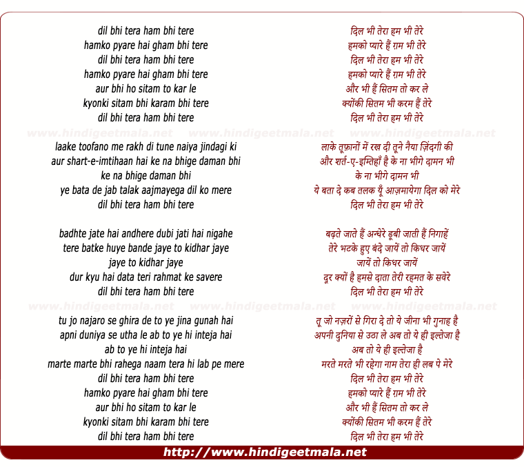 lyrics of song Dil Bhi Tera Hum Bhi Tere