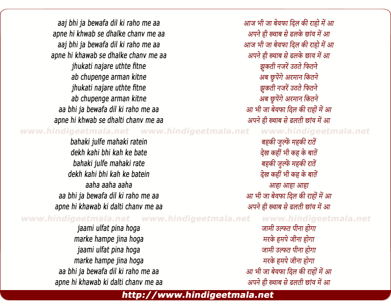 lyrics of song Aa Bhi Ja Bewafa