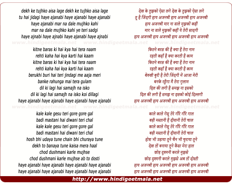 lyrics of song Dekh Ke Tujhko Aisa Lage Tu Hai Jindagi Hai Ajnabi