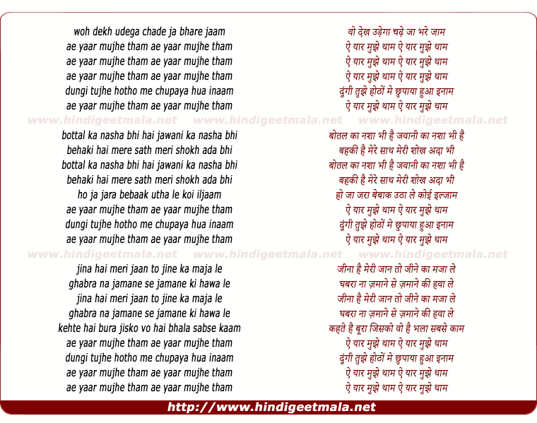 lyrics of song Ae Yaar Mujhe Thaam